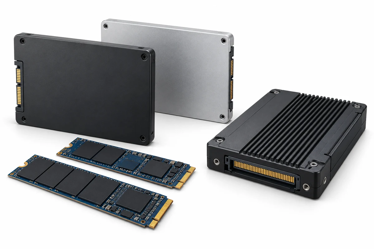 Illustration of SATA, M.2 NVMe and enterprise solid state drives